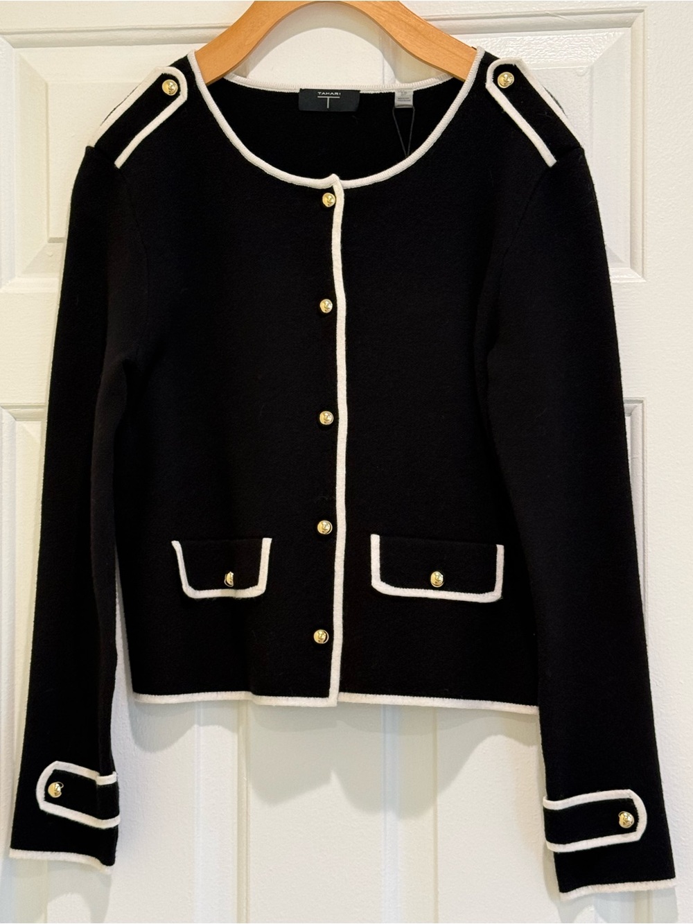 Tahari Black Knit Cardigan with White Trim and Gold Buttons✨